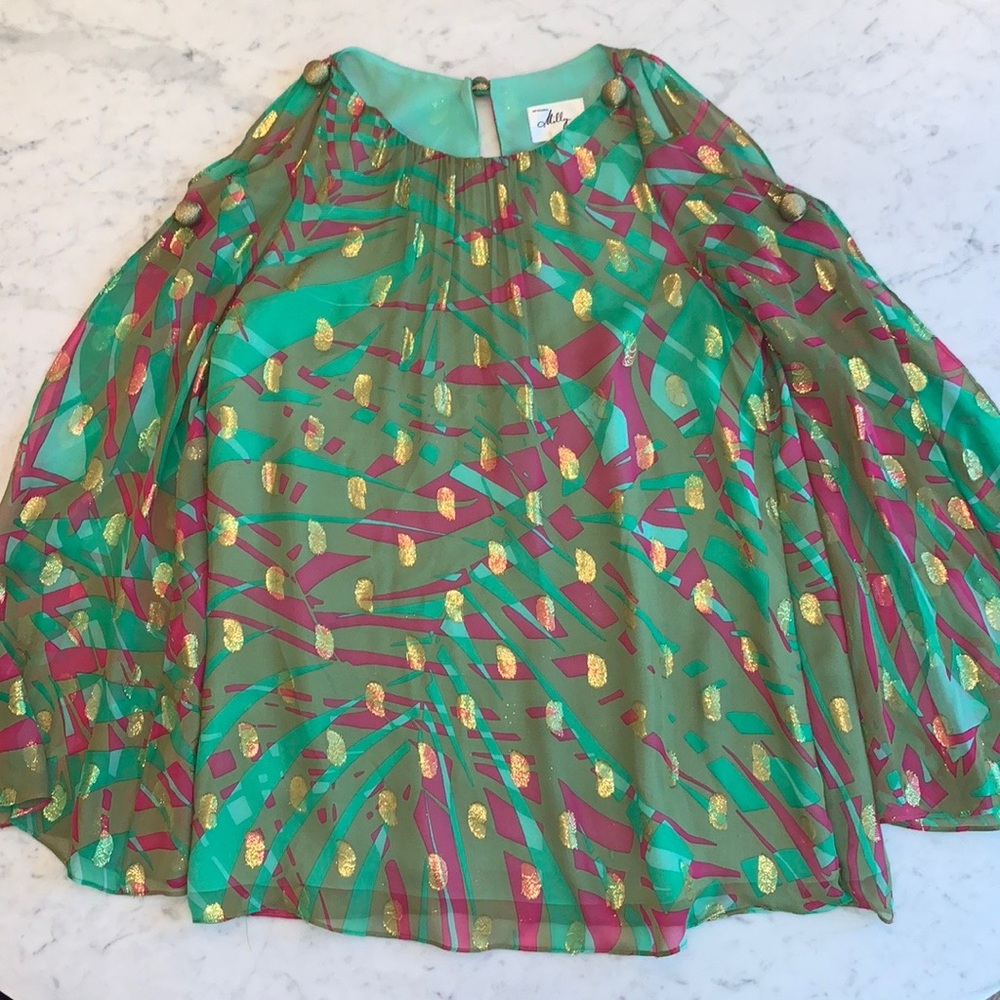 Milly New York Blouse Resort Silk Tropical Green Pink Gold Womens Size 6 - Picture 8 of 16